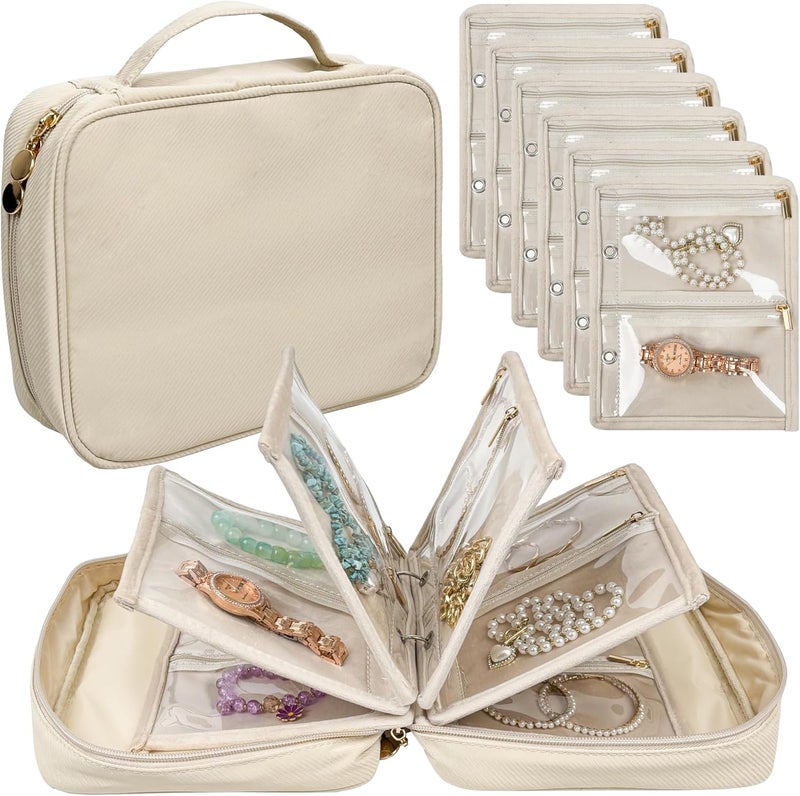 LingLingo Travel Jewelry Organizer Case,Jewelry Bags for Traveling, Jewelry Binder with 24 Pcs Clear Zipper Velvet Pouches for Storing Earrings, Rings, Necklace, Bracelet, Watch (Beige) - Image 1